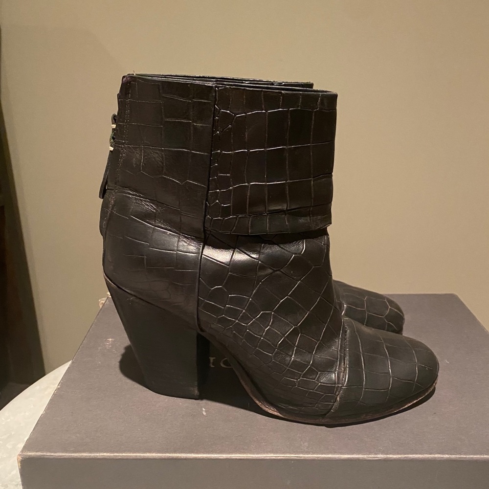 rag & bone Black Croc-Embossed Fold-Over Ankle Boots